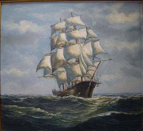 English School (20th century), oil on canvas, Sailing ships at sea, indistinctly signed, 55 x 59cm